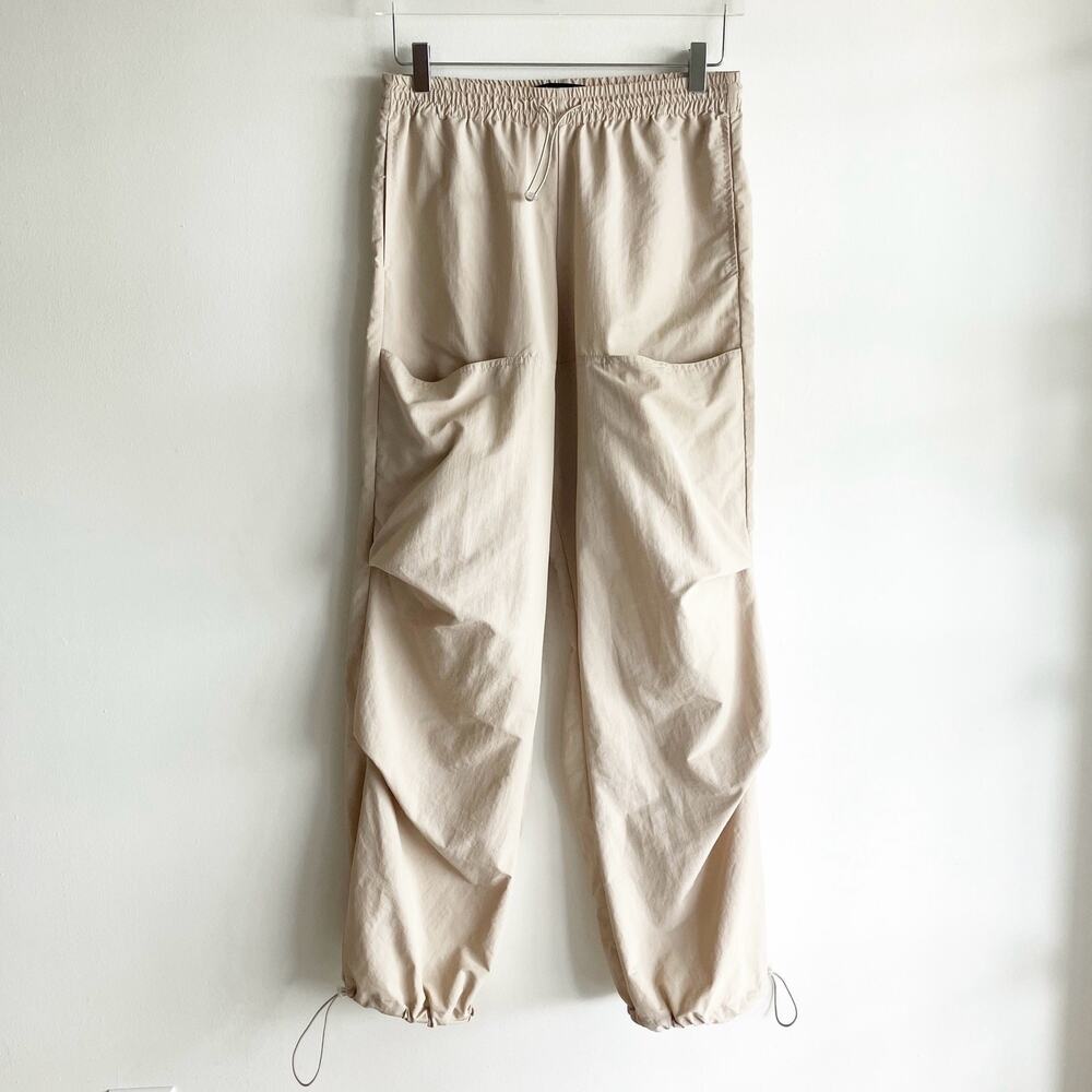 Zara S Small Pants Tan High Rise Waisted Pull On Pockets Elasticized Drawstring